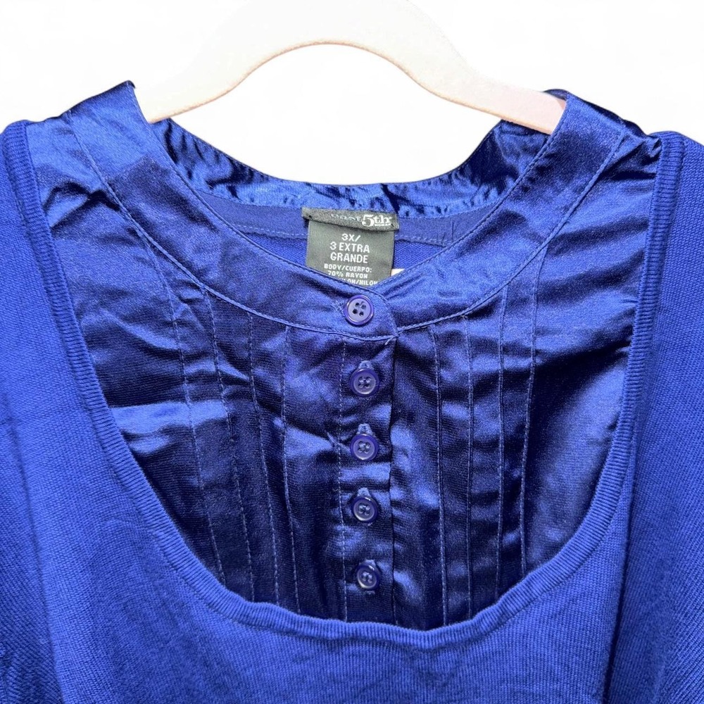 East 5th Royal Blue Satin Trim Knit Top 3X Long Sleeve Button Neck Sapphire